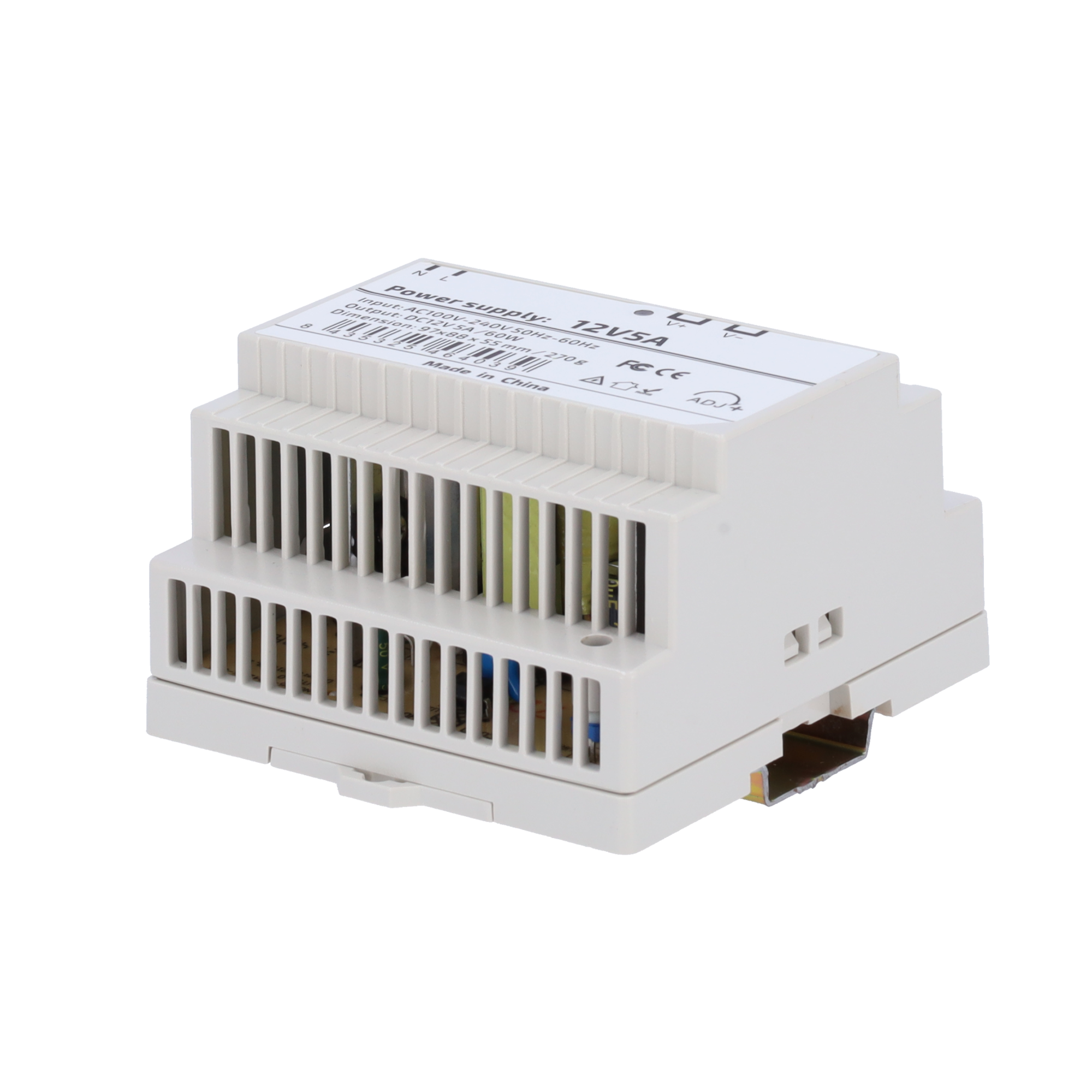 Fuente de alimentación - Salida DC 12 V 5 A / 60 W - Voltaje entrada AC 100V ~ 240V 50Hz-60Hz - 97 (Fo) x 55 (Al) x 88 (An) mm - Montaje en carril DIN - Protección: Sobrecarga/Sobrevoltaje/Cortocircuito