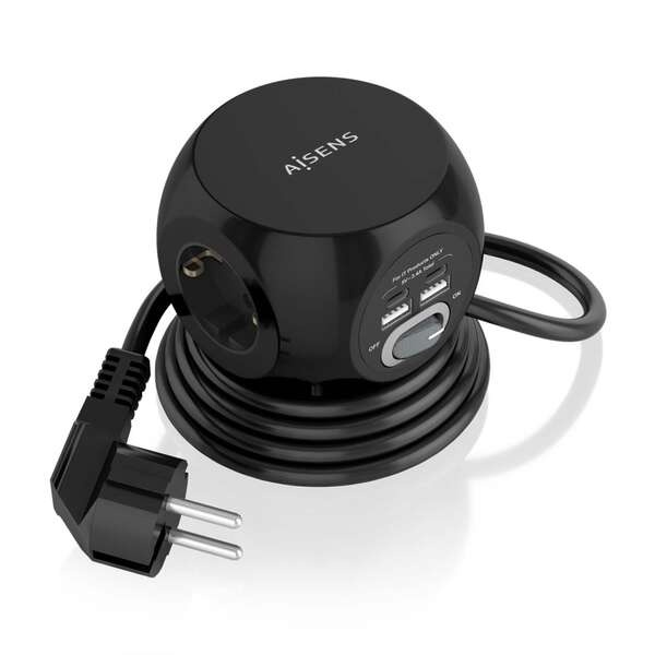 Power Strip multifuncional de mesa Aisens com 3 tomadas + 2xUSB-C - 2xUSB-A - 1,4m - cor preta